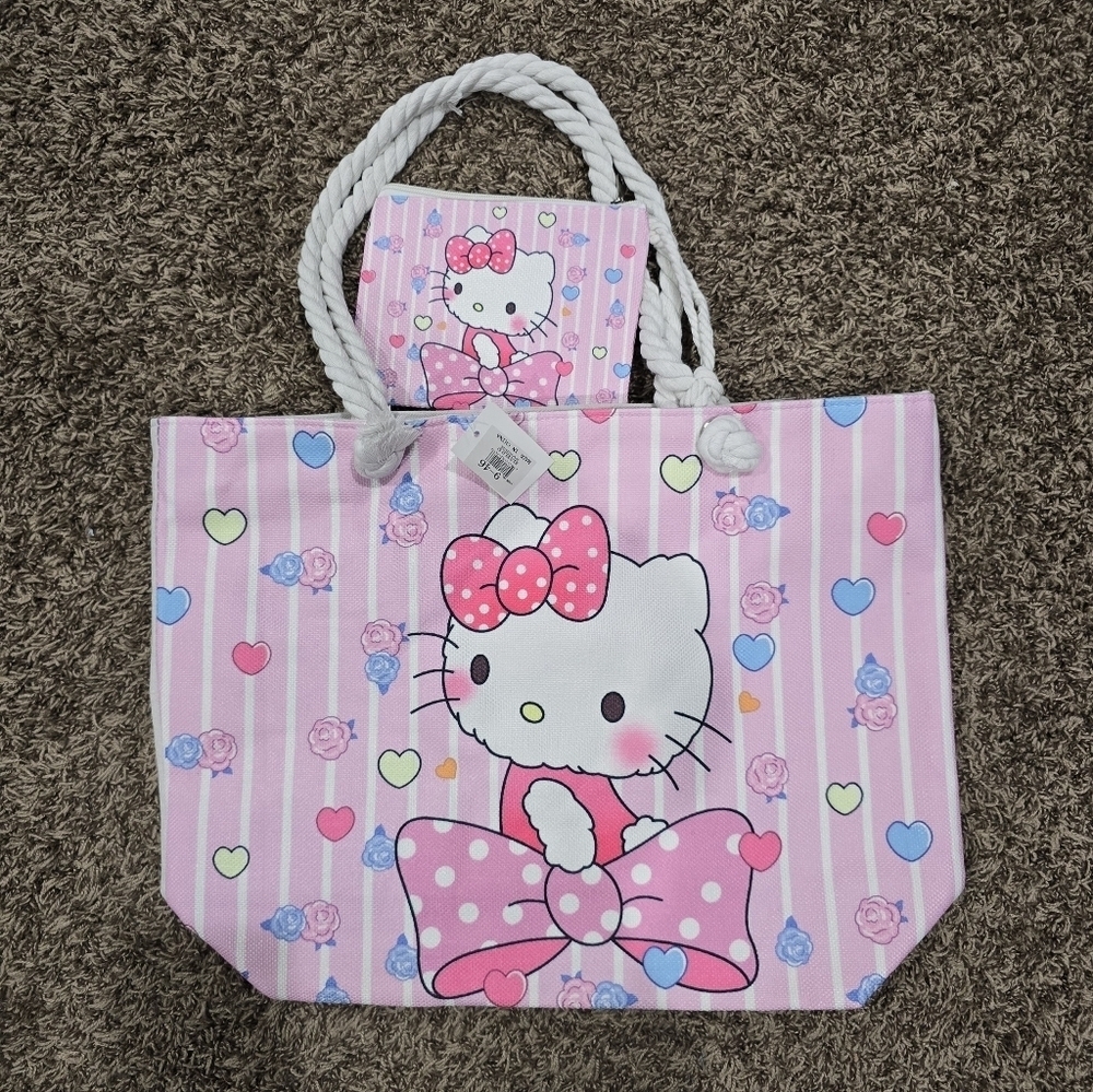 New Hello Kitty Zip Tote Bag with Coin Pouch and Rope Handles